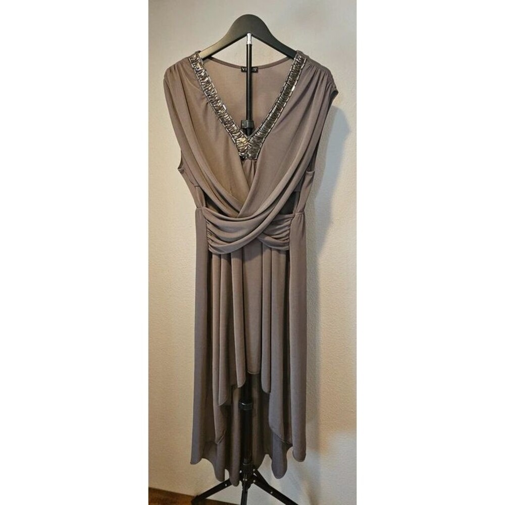 Elegant Taupe Draped Evening Dress with Beaded V-Neck